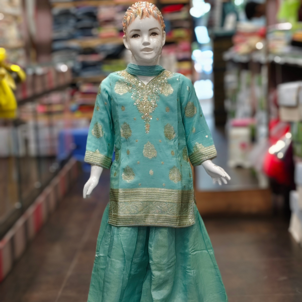 Aqua Blue Zardozi, Beads and Zari work Sharara Suit Set for Girls