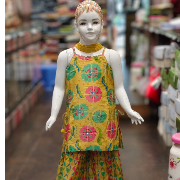 Soft Cotton Bead Work Sleeveless Kurta With Sharara & Dupatta - Lemon Yellow